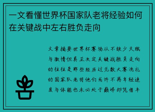 一文看懂世界杯国家队老将经验如何在关键战中左右胜负走向